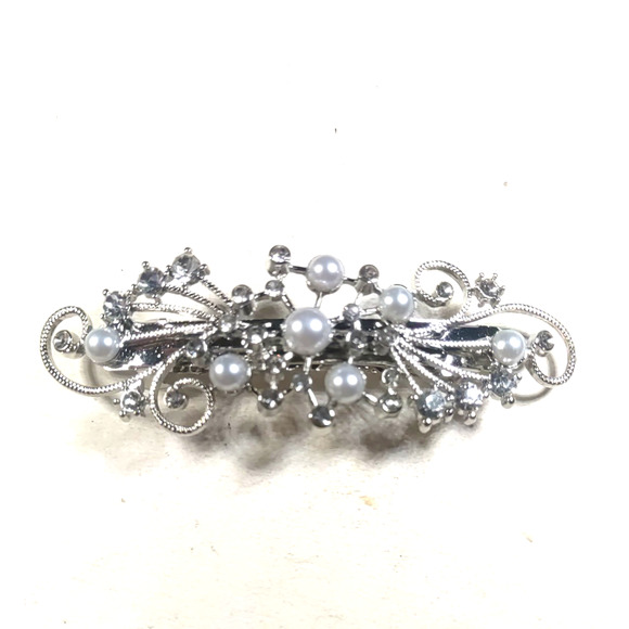 Stars Ablaze Hair Barrette Tension Clip Silver Tone Faux Pearls Party Wedding - Picture 3 of 6